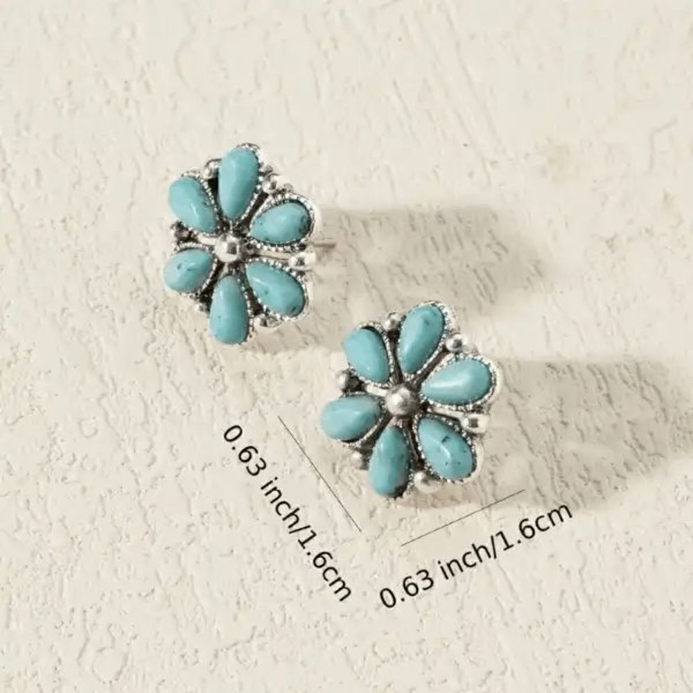 Western Southwestern Flower Shape Silver Plated Turquoise Stud Earrings - Picture 5 of 5